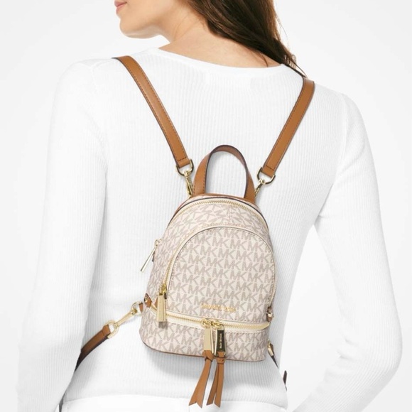 Michael Kors Mini Rhea Cream and Tan Backpack -like new (04) - Picture 4 of 12